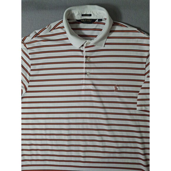 Polo Golf Ralph Lauren Performance Shirt Men's Medium Orange White Stripes - Picture 1 of 7